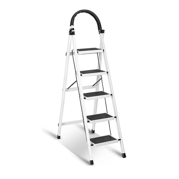 Sulfar Foldable 5-Step Ladder With Wide Anti-Slip Pedal - Sturdy Steel Folding Step Stool for Home, Kitchen, Garden, Office - Adults