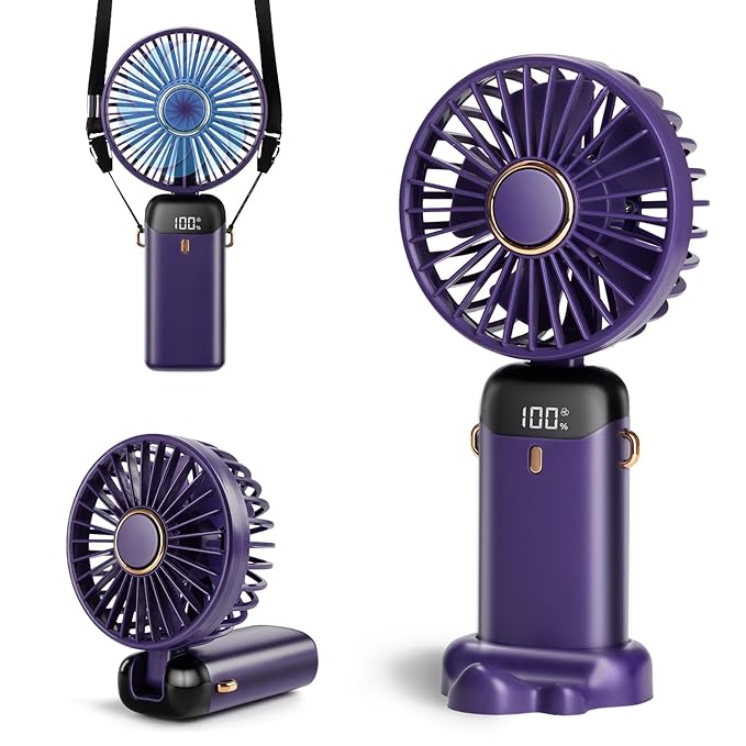 Portable Handheld Fan, 12 hours, Upgrade 3200mAh Portable Fan with LED Display, 90° Foldable, 5 Speed Wind,Hand Held/Neck/Desk 3 in 1 Personal Small Fans, Makeup Fans for Women (Purple)