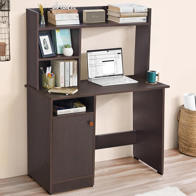 ABOUT SPACE Wooden Study Table with Hutch & Bottom Storage - Office Desk - Office Table for Laptop, PC-Engineering Wood Working, Drawing, Computer Table for Home (Flower Wenge - L100 x B50 x H134 cm)