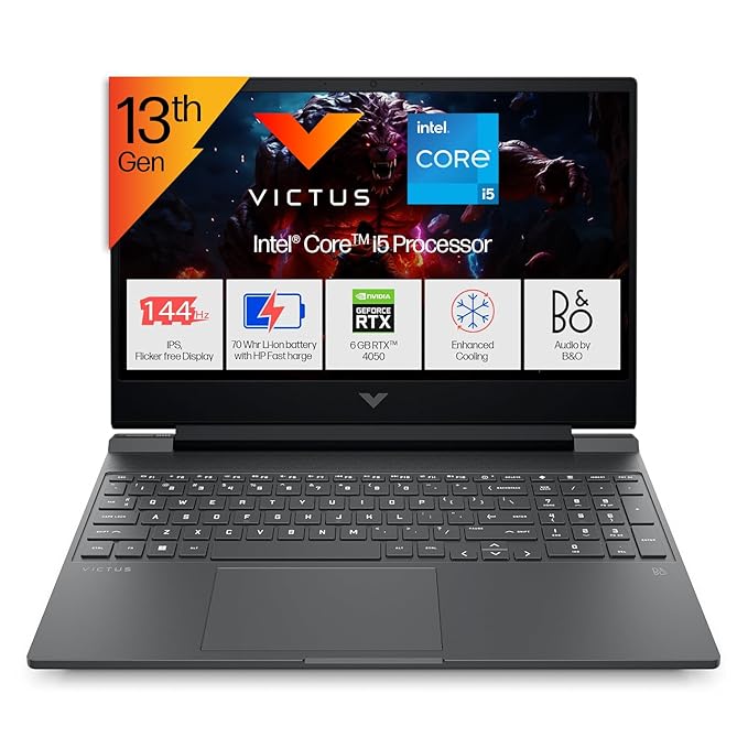 HP Victus, 13th Gen Intel Core i5-13420H, 6GB RTX 4050 (16GB DDR4, 512GB SSD) FHD, 144Hz, IPS, 15.6"/39.6cm, Win11, Office21, Mica Silver, 2.3kg, fa1319TX, Backlit, B&0, Enhanced Cooling Gaming Laptop