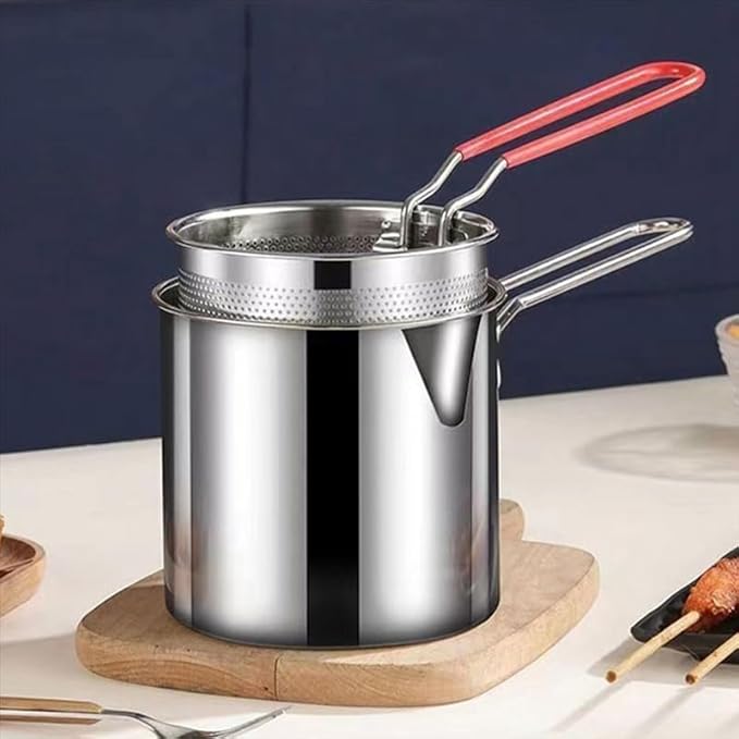 Sajani Multifunctional Oil Fryer with Drain Basket, 500ml Stainless Steel Pan with Handle, Ideal for Frying French Fries, Chicken Wings, Fish, Boiling Butter, Gravies, Pasta (Deep Frying Pot)