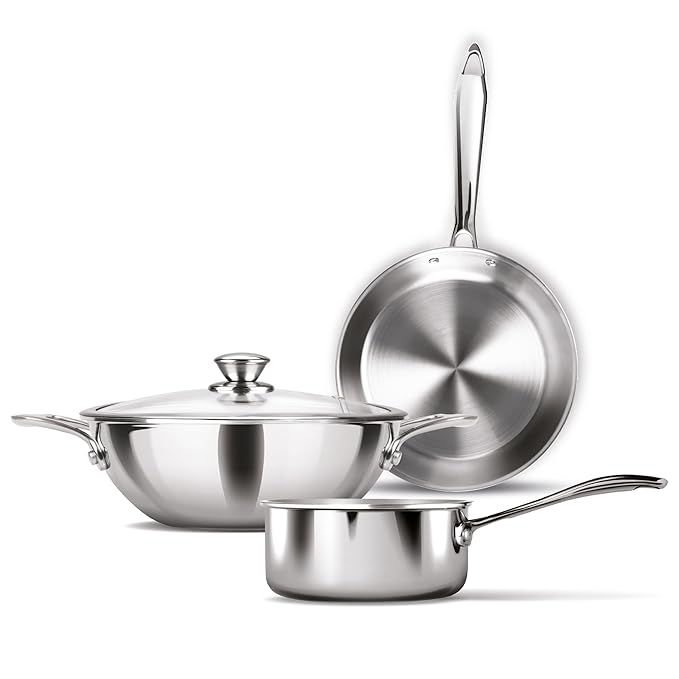 Milton Procook Triply Induction Base Cookware Set of 3 Stainless Steel |Sauce Pan 14 cm, Fry Pan 24 cm, Kadhai 24 cm with Glass Lid, Silver | Dishwasher Safe | Food Safe | Flame Safe