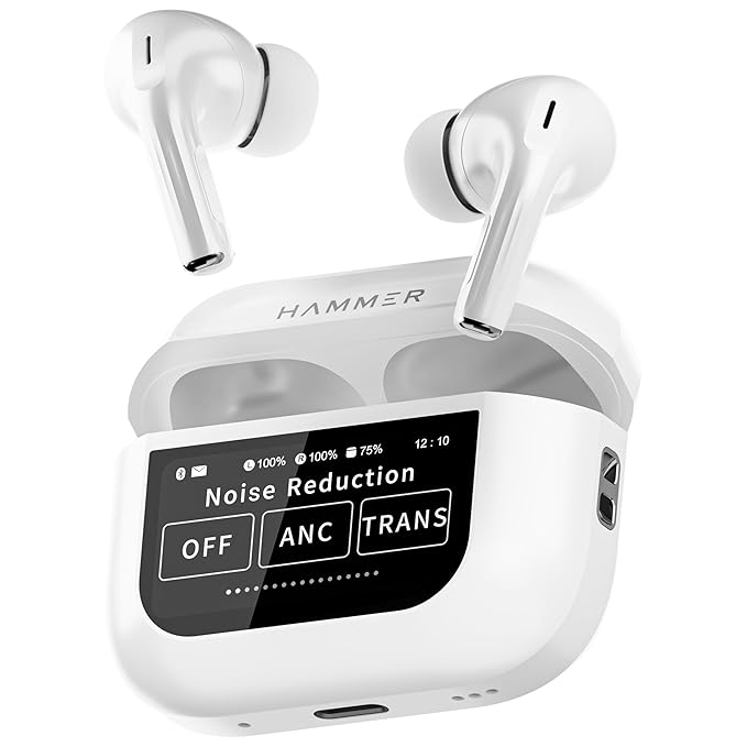 HAMMER Screen TWS Earbuds Wireless with 13mm Drivers, ANC Ear Buds 32dB, up to 50H Playtime TWS Ear Buds, Type-C Fast Charging, BT v5.4, True Wireless Earbuds Bluetooth,Transparency & EQ Mode (White)
