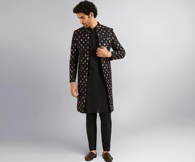 KISAH Men Jacquard Floral Kurta Indo-Western Sherwani Trouser Set, Woven Design Regular Fit Mandarin Collar Full Sleeves