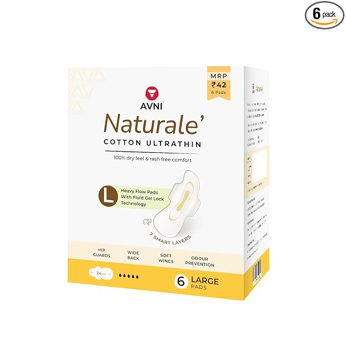 Avni Naturale Cotton Ultrathin Pads - Thin Rash Free Cotton Sanitary Pads | Pack of 6 | Large - 240 MM | Suitable For Normal-Sensitive Skin for Women | Wide Wings & With Hip Guards