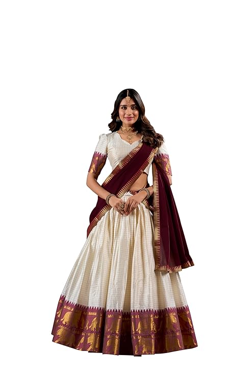 LooknBook Art Women's Solid Pattern Cotton Silk Blend Lehenga Choli Dupatta Set with Unstitched Blouse Piece and Zari Weave Type