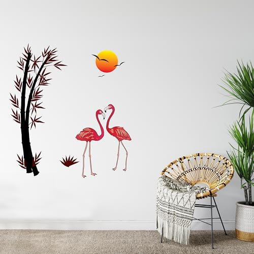 [Size: 150 X 125 cm] - Amazon Brand - Solimo 'Flamingos and Bamboo at Sunset' Wall Sticker | PVC Vinyl | Easy Application | Perfect for Home Décor (150 cm x 125 cm, Multicolour)