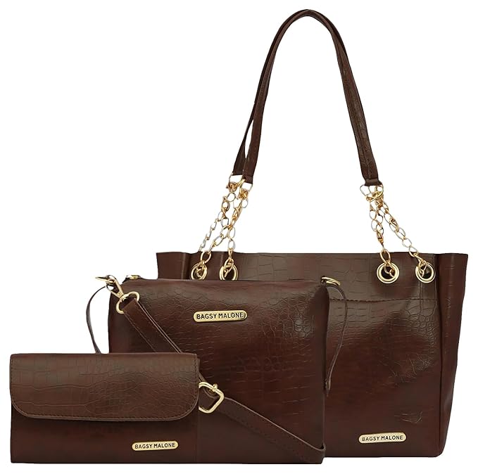 Bagsy Malone Vegan Leather Stylish Tote Bag Pack of 3 |Handcrafted Side Tote Bag for Office and College (Croco Brown)