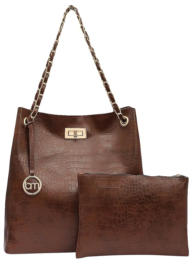 Bagsy Malone Bucket Shaped Tote Bag -Set of 2 | Handcrafted Side Tote Bag for Office and College (Croco Brown)