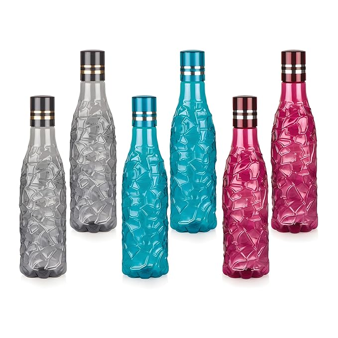 Homeor Unbreakable Plastic Water Bottle I Leak Proof I BPA Free Food Grade Fridge Water Bottle I Ideal for Gym, Office, Home, Travel, College, Easy to Clean, 1 Litre Each, Set of 6, Assorted