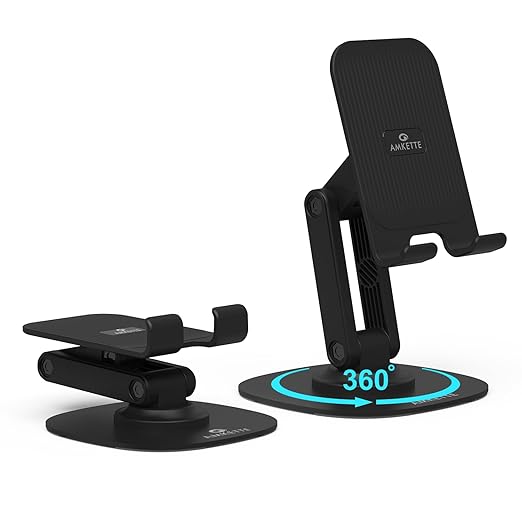 Amkette Ergo 360° Rotation Mobile Phone Holder, Foldable Design Mobile Stand with Stable Metallic Round Base, Multiple Height & Angle adjustments for Smartphones, Tablets, Kindles & iPad, (Black)