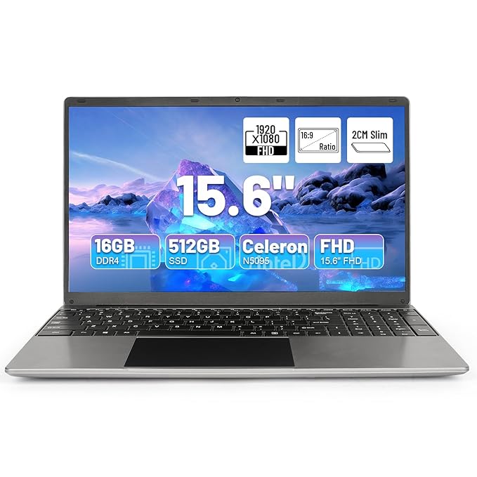 15.6'' Laptop Computer, 16GB RAM 512GB ROM Celeron N5095 Quad-Core Processors, 1920 * 1080 IPS FHD, WiFi, Bluetooth, Mini HDMI, TF Card, USB 3.0