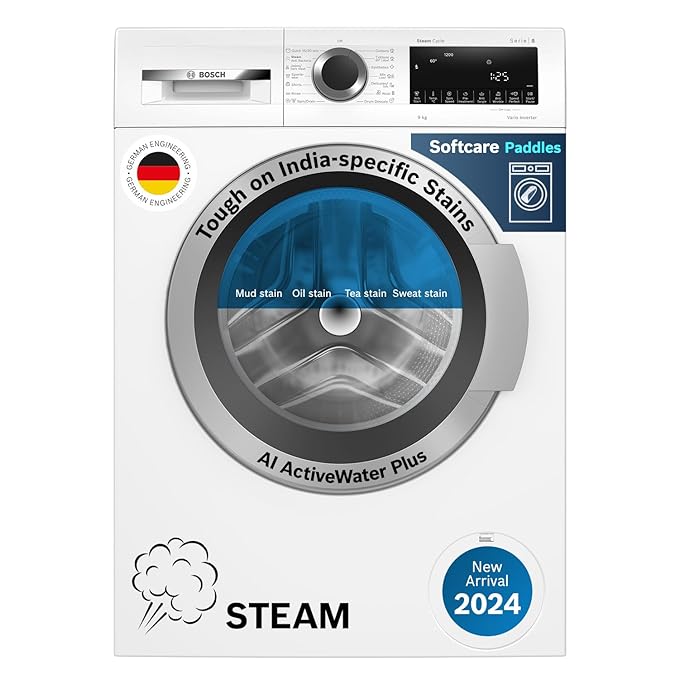 Bosch 9kg 5 Star Anti Stain & AI Active Water Plus Fully Automatic Front Load Washing Machine with Built in Heater (WGA14200IN, Pretreatment & Steam with Anti Bacteria and 5 Star Inverter, White)