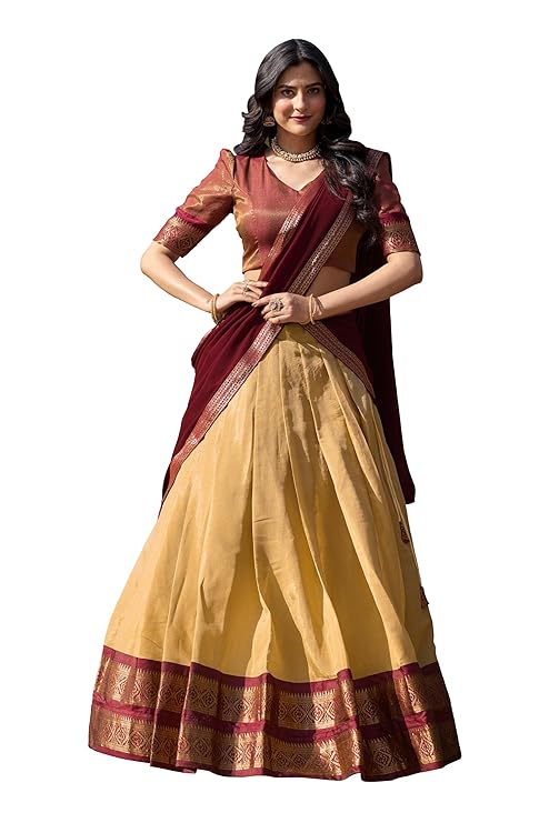 LooknBook Art Women's Solid Pattern Cotton Silk Blend Lehenga Choli Dupatta Set with Unstitched Blouse Piece and Zari Weave Type