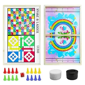 VGRASSP 3 in 1 Fastest Finger Ludo, Snake & Ladder Wooden Board Game for Kids & Adults - Double Sided Sling Puck Birthday Gift for Family Entertainment - Made with Pine Wood (Unicorn Design)