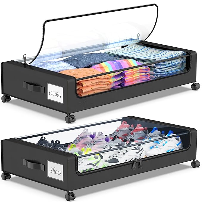 Beborxue Under Bed Storage with Wheels, 2-Pack Underbed Storage Containers with Clear Lids, XXL 60L Under the bed storage Organizer Bins, Rolling Under Bed Metal Drawer for Clothes,Shoes,Toys (Black)