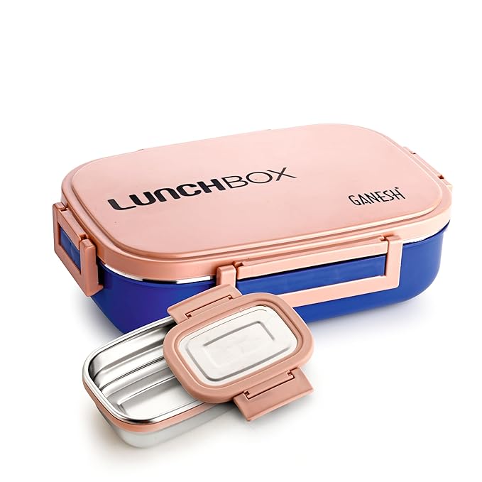 GANESH Stainless Steel Amaze Insulated Lunch Box with 4 Side Lock Lid, 900 ml and Inner Stainless Steel Container, 200 ml Easy to Carry - Pink
