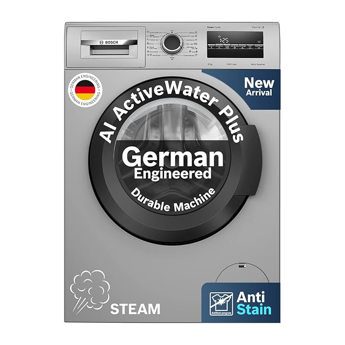 Bosch 8 kg 5 Star Front Load Fully-Automatic Washing Machine, Steam Hygiene, AI ActiveWater, 15 Wash Programs, No Tangle or Wrinkle, SoftCare Paddle, Shiny Silver, WAJ2826BIN