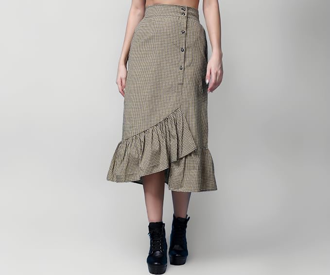 POPWINGS Casual Check Print Long Flare Skirt for Women | Cotton Skirt for Women Skirt for Women