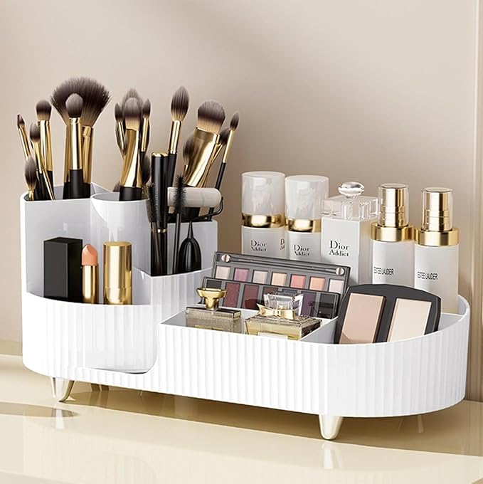 Kesi Rotating Makeup Organizer For Vanity, Large Capacity for Cosmetics 360° Rotating Bathroom Organizer, Cosmetic Perfume Storage Organizer for Dressing Table Countertop Makeup Room (White)