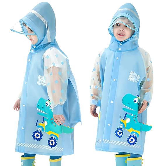 SNOWIE SOFT® Hooded Raincoat for Kids 4-9 Years With Wide Brim, EVA Student Rain Coat for Girls, School Bag Rain Cover, Dinosaur Print, Recommended Height 105-145CM