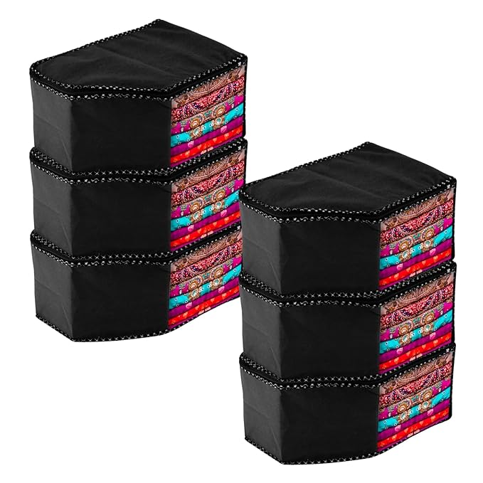 [Size: Dot Border -6 Pcs] - Urbane Home Blouse Cover | Clothes Storage Bag | Zipper Wardrobe Organizers | Non-Woven Clothes Organiser | Side Transparent Blouse Organizer | Dot Border | Pack of 6 | Black