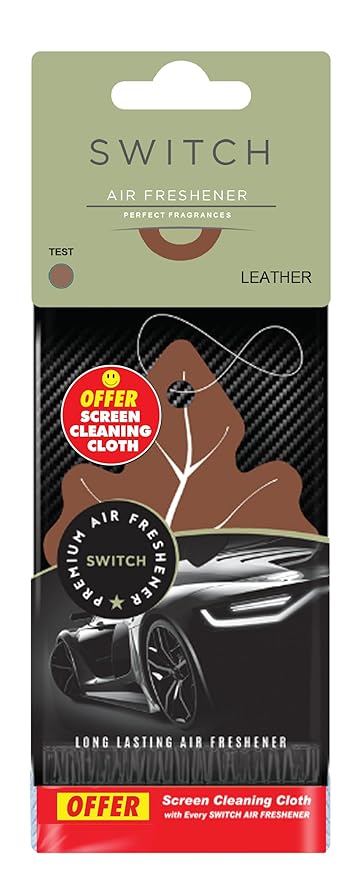 SWITCH Car Air Freshener + Screen Cleaning Cloth Combo | Leather Scent Car Perfumes Luxury Hanging | Long Lasting Aroma | Refreshing Smell | Car Accessories Interior (Pack of 1)