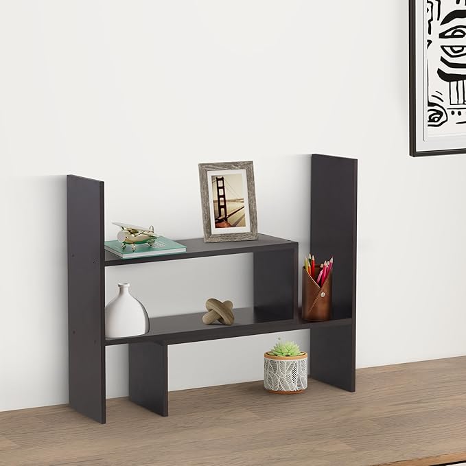 Amazon Brand - Solimo Adjustable Wood Desktop Storage Organizer Display Shelf Rack | Spice Rack | Counter Top Bookcase Book Shelf | Home Décor Display & Storage Rack | Cabinet Unit |Black