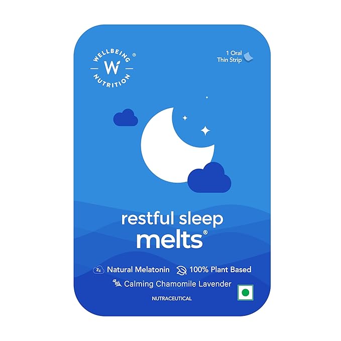 Wellbeing Nutrition Melts Restful Sleep Strips | Plant-Based Melatonin 10mg for Better Sleep & Stress Relief with Chamomile, Tagara, L-Theanine | 1 Oral Thin Strips