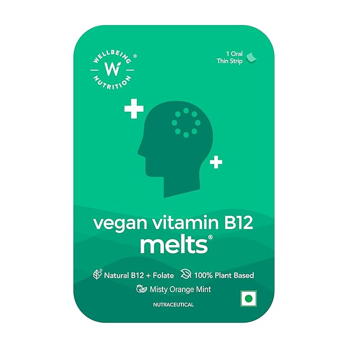 Wellbeing Nutrition Melts Vegan Vitamin B12 Supplements for men & women | Memory Booster and Brain, Heart & Nervous System Support with B12, Folate, Brahmi & CurcuWIN | 1 Oral Strips