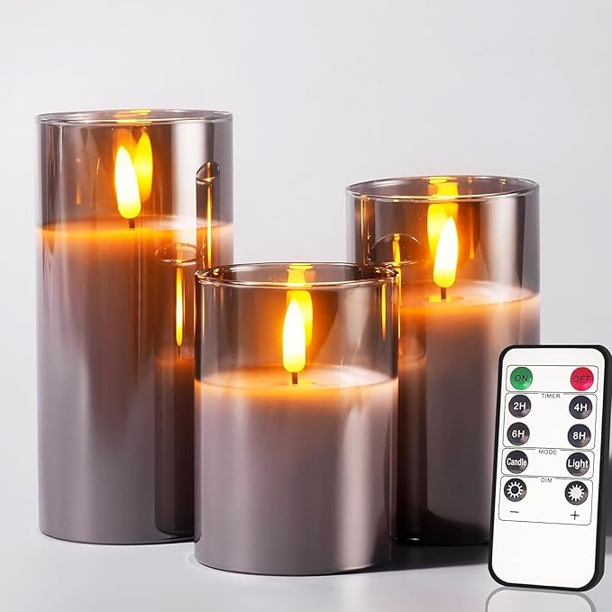 amazon basics Flameless LED Candles with Remote Controller & Timer|Golden Acrylic Fiber Glass|Set of 3|(Smoked Grey), Unscented
