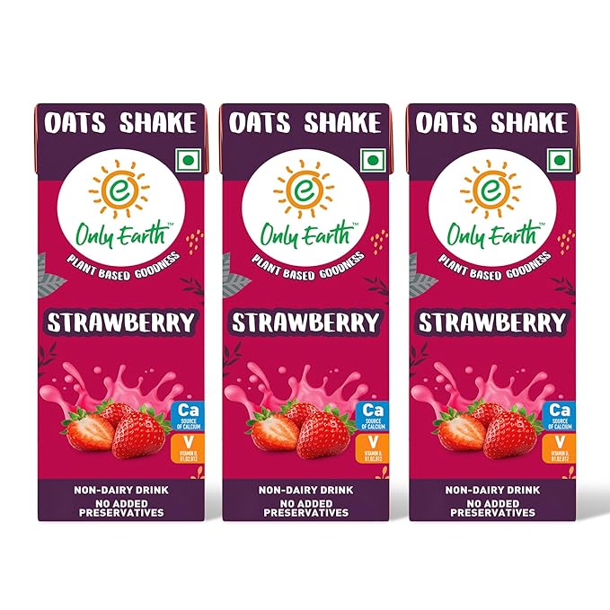 Only Earth Oats Shake | Strawberry | Plant-based | Lactose-free | No Added Preservatives| Cholesterol-free | Guilt-free | With Calcium, Vitamin D, B1, B2 & B12 | 200 ml (Pack 3)