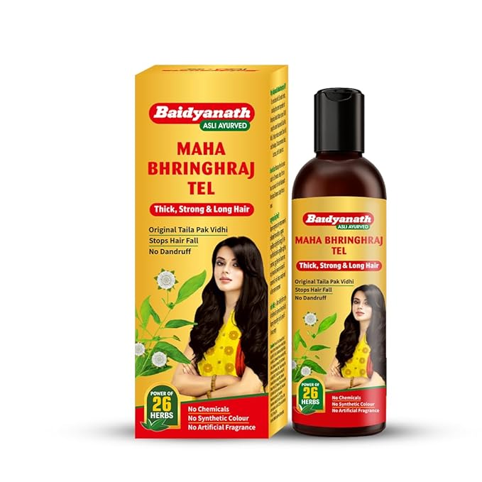 Baidyanath Mahabhringraj Tel | Ayurvedic Hair Oil | For Growth, Dandruff Control, and Hair Fall Prevention with 26 Exotic Herbs | Ayurvedic Medicated Oil | Zero Chemical & Synthetic Colour | 100 ml