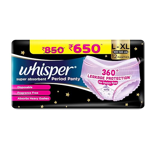 Whisper Super Absorbent Period Panty, 12 L-XL Pants, 360 Degree Leakage Protection for Heavy Flow, Panty like Fit for Full back Coverage, Absorbs Heavy Gushes, Silky Soft, Comfortable Feel