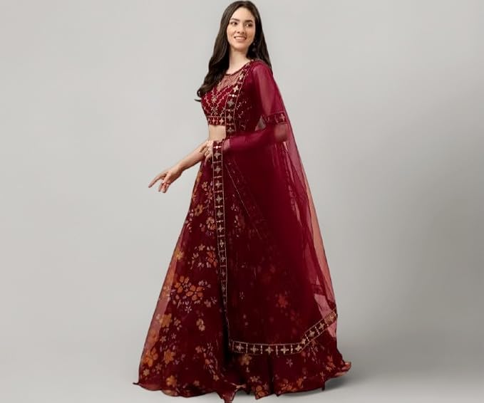 Suppar Sleave Women's Ethnic Wear Floral Digital Printed Organza zari Sequin Work Semi-Stitched Lehenga Choli With Dupatta