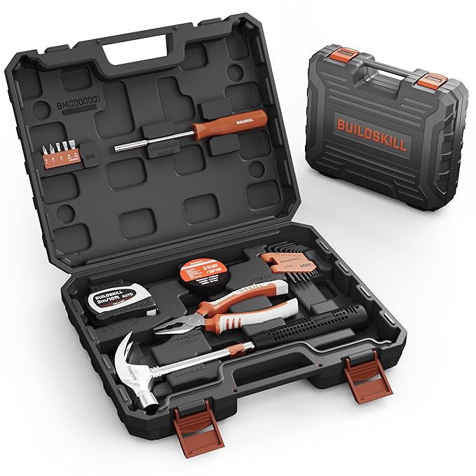 BUILDSKILL 18 Pieces Hand Tool Kit for Home | 3 Meter Auto Measuring Tape | Electrical Tape | Claw Hammer | Screw Driver Handle | Allen Key Set | Plier | Multi-purpose Tools Kit For Home Use