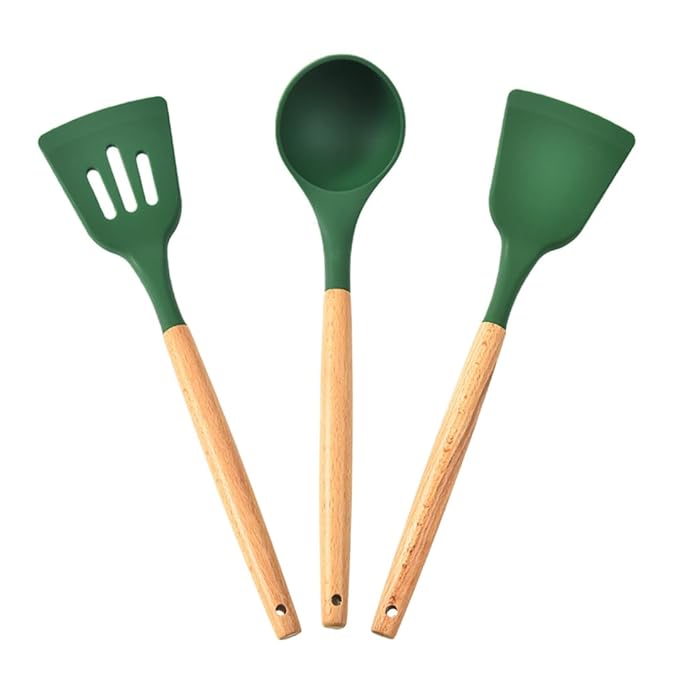 Ginoya Brothers Cooking Spatulas and Spoons, 3 Pack Heat Resistant Silicone Cooking Utensils Set, Non Stick Kitchen Silicone Spatula and Spoons for Cooking, Mixing, Serving, Draining (Dark Green)