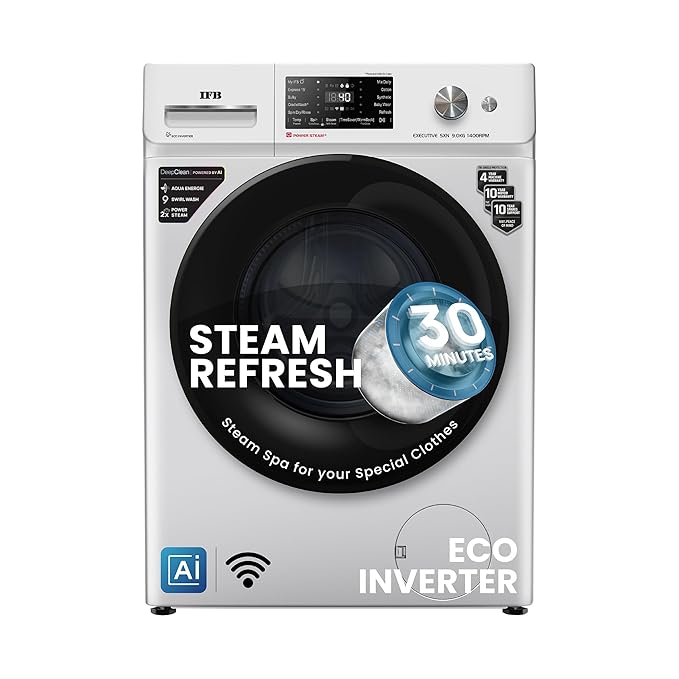 [Apply Coupon] - IFB 9 Kg 5 Star Powered by AI with 9 Swirl Wash, WiFi, Fully Automatic Front Load Washing Machine (Executive SXN 9014K, Steam Refresh Program with Eco Inverter, Rich Silver)