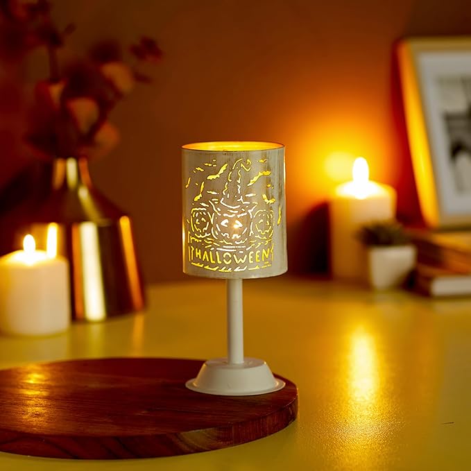 Amazon Brand - Solimo Ornamental Iron Tea Light | Stylish | for Indoors & Outdoors Décor | Cylindrical (White with Gold Texture)