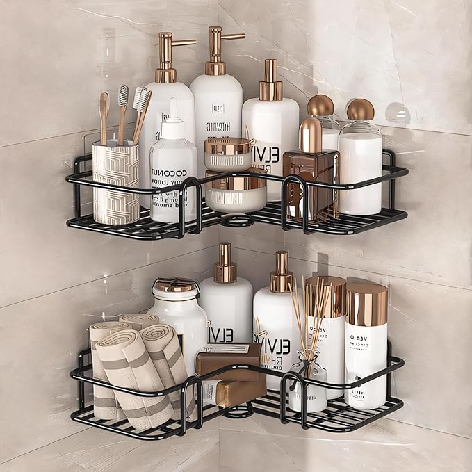 MIORAH 2 Pack Luxury Self Adhesive Bathroom Corner Shelf  -  No Drill Premium Wall Rack for Toiletries & Elegant Shower Storage