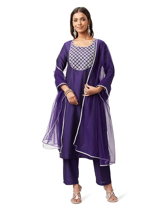 Amazon Brand - Myx Women Embroidered Kurta Pant Set with Mesh Dupatta | Viscose,Rayon (Available in Plus Sizes)