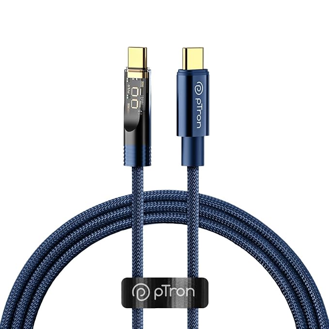 pTron Solero 80W Type-C to Type-C Fast Charging USB Cable, Compatible with Samsung, OnePlus, Oppo, Vivo,Xiaomi & Other Devices, Unbreakable Nylon Braid & 480Mbps Data Sync Speed (1m, Bold Blue)
