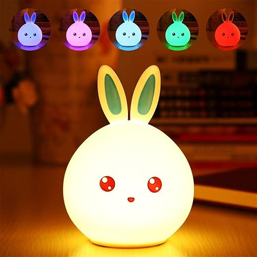 One94Store Silicone Rabbit Night Light | USB Rechargeable Color-Changing LED Lamp with Touch Sensor Control | Kids Bedroom Décor & Gift for Babies, Toddlers, and Children (Blue Ear)