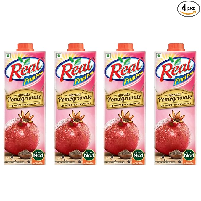 [Apply Coupon] - DABUR Real Masala Pomegranate Fruit Juice-1L (Pack of 4)| No Added Preservatives, No Artificial Colours & Flavours|Chatpata Masala|Fruit Nutrition|Tasty, Refreshing & Energizing Fruit Drink