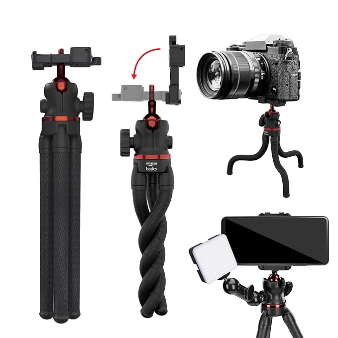 Amazon Basics Flexible Tripod with Hidden Phone Holder & Cold Shoe Mount | 360° Rotating Ball Head with Bubble Level | 1/4'' Magic Arm Universal Screw for Smartphones & Cameras | Red