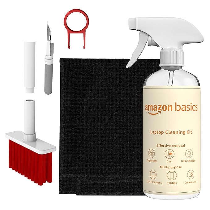 Amazon Basics 5-in-1 Professional Cleaning Kit for AirPods, Keyboard, Lens, Binocular, Laptop, TV, Monitor, Smartphone, Tablet | Includes Microfibre Cloth & 500 ml Cleaning Liquid