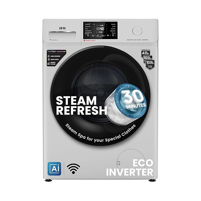 IFB 8 Kg 5 Star, DeepClean® Technology, AI Powered, WiFi, Fully Automatic Front Load Washing Machine (SENATOR GXN 8012 CMS, PowerSteam®, 9 Swirl, Steam Refresh, Inbuilt Heater, Eco Inverter, Grey)