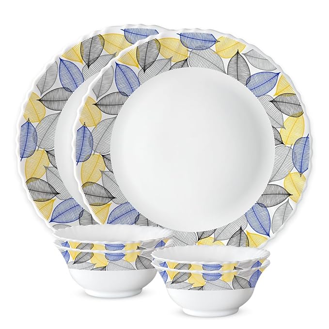 Larah by Borosil Silk Series Kora Opalware Dinner Set | 6 Pieces for Family of 2 | Microwave & Dishwasher Safe | Bone-Ash Free | Crockery Set for Dining & Gifting | Plates & Bowls | Leaf Pattern