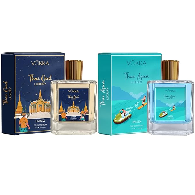 VOKKA Thai Oud & Thai Aqua 200 ml | Pack of 2 x 100ml Unique Unisex Luxury Long Lasting Woody Aquatic Perfume Gift Set For Men And Women | Aquatic Scent Eau De Parfum | EDP Fragrance for Gift | Notes: Aqua Woody Musky