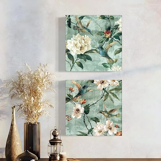 PAINTINGMANTRA Bird Floral Stretched Canvas Painting Wall Painting Wall Decor For Home, Bedroom, Office Decoration (Set Of 2, 12x12 Inch)